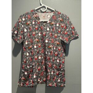 Scrubaid Women L Santa Snowman Print Stretch Top Slinky Poly Spandex Holiday